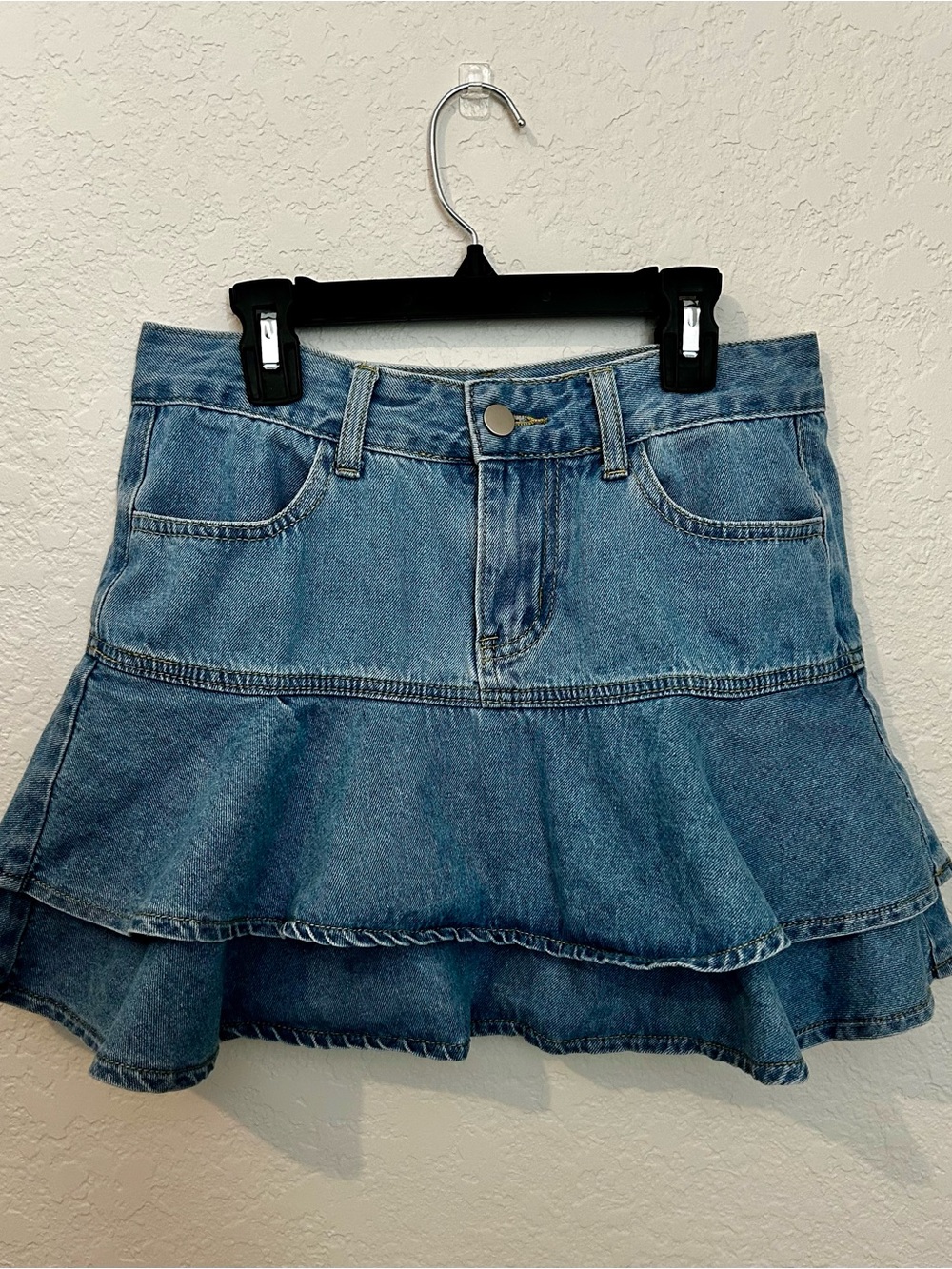 SHEIN Blue Ruffled Tiered Denim Mini Skirt